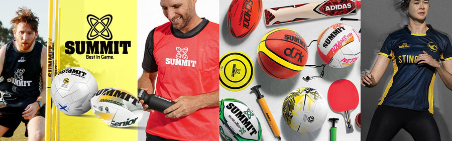 Montage of Summit Sport products and people playing sport. Agility poles, balls and pumps, cricket bats, table tennis, marker cones.